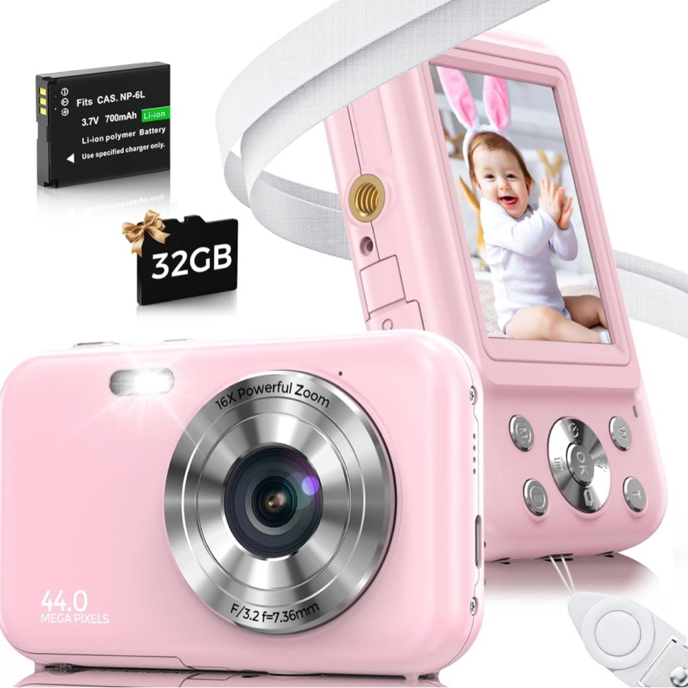 Digital Camera, FHD 1080P 44MP Kids Camera for Photography with 32GB Card
